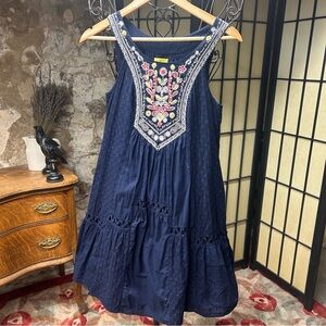 Anthropology Mauve Navy Embroidered, Mirror Bead Accented  "TISA" Dress SIZE 2